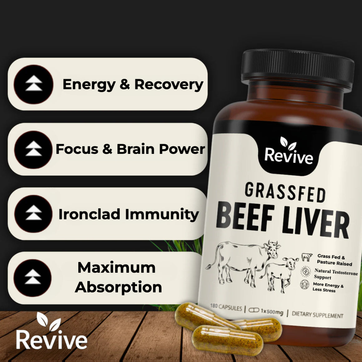 Revive™ Grass-Fed Beef Liver Capsules- The Daily Foundation Men Need for Strength, Drive & Hormonal Balance